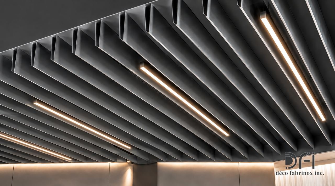 Metal baffle ceiling with light lines between the baffles