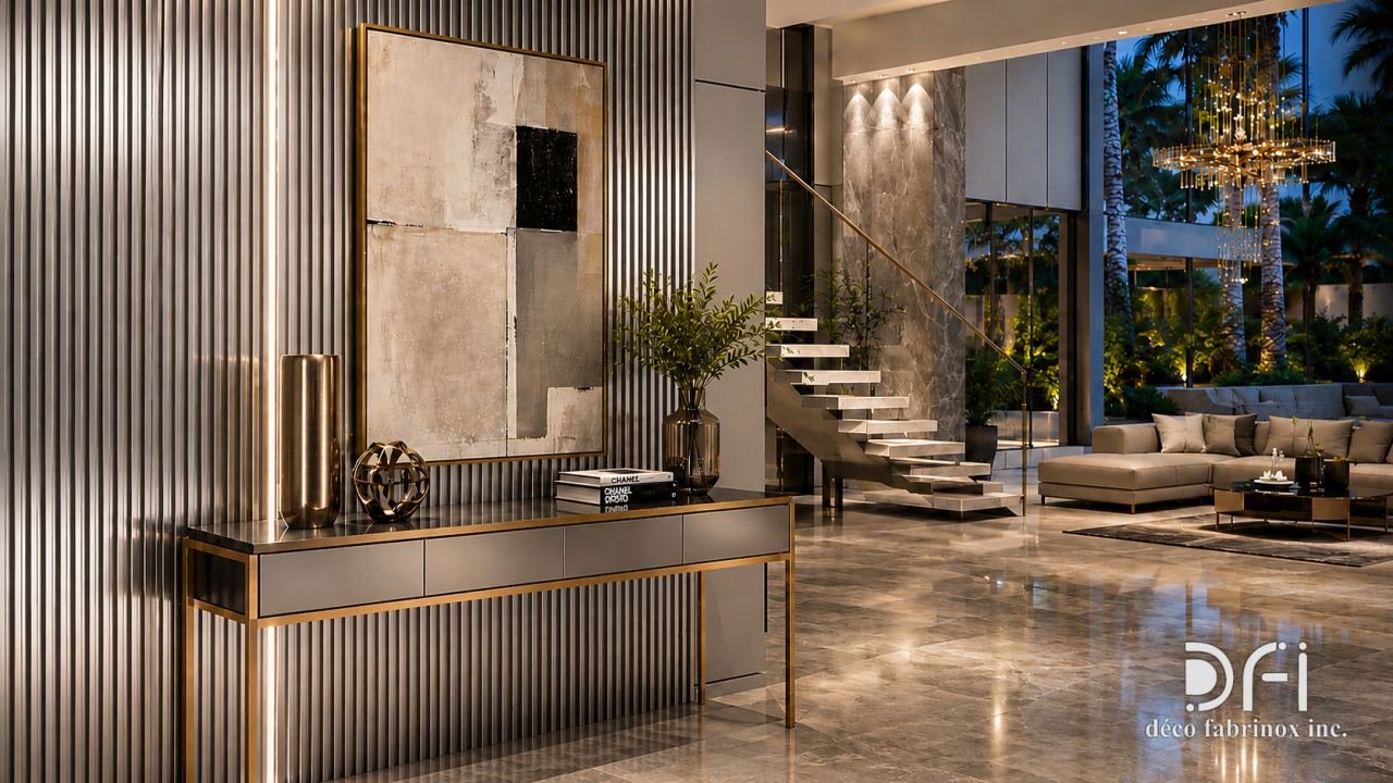 Hotel lobby with a metal console and a fluted metal partition