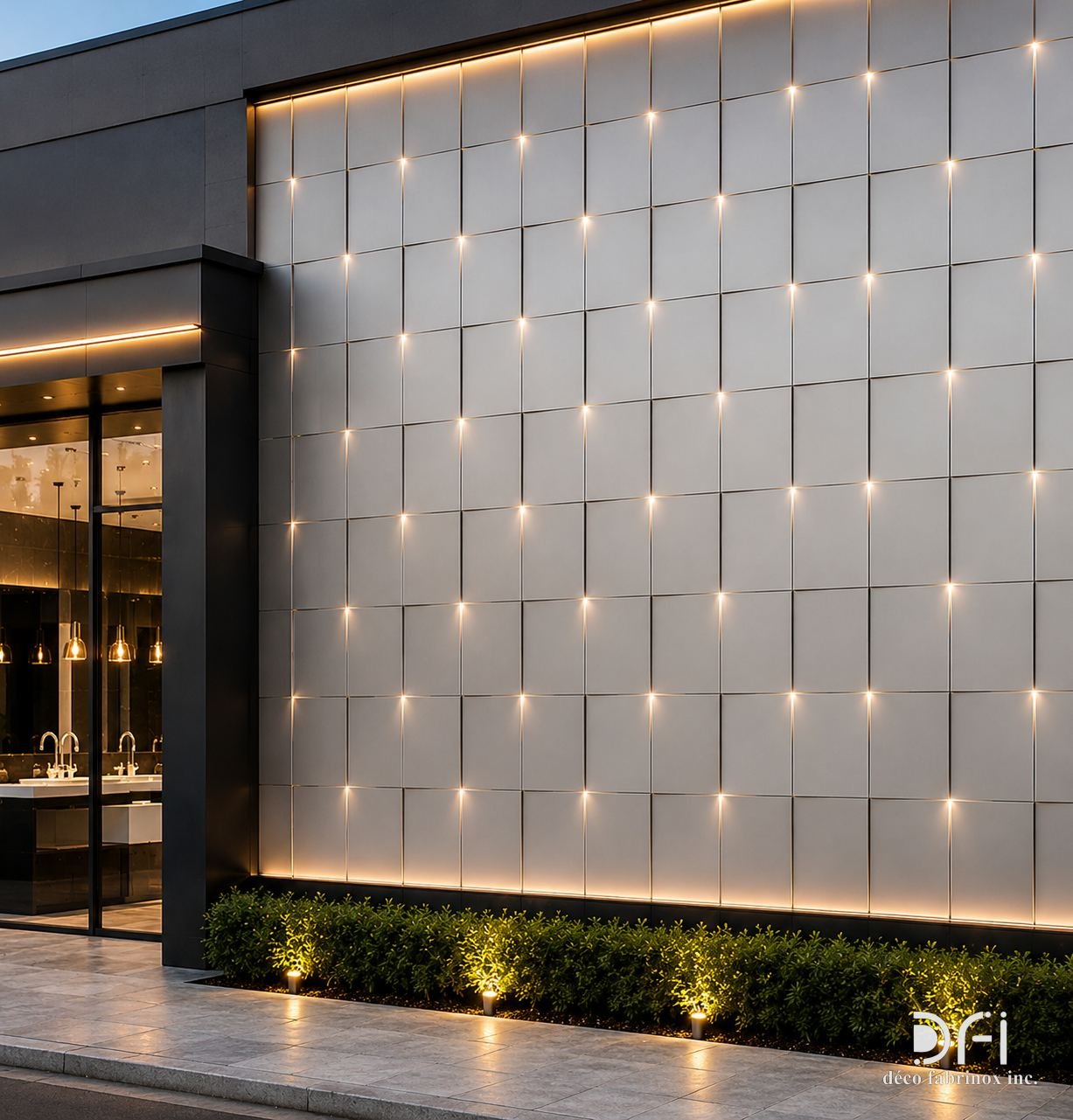 Facade of square metal panels lit from below at dusk
