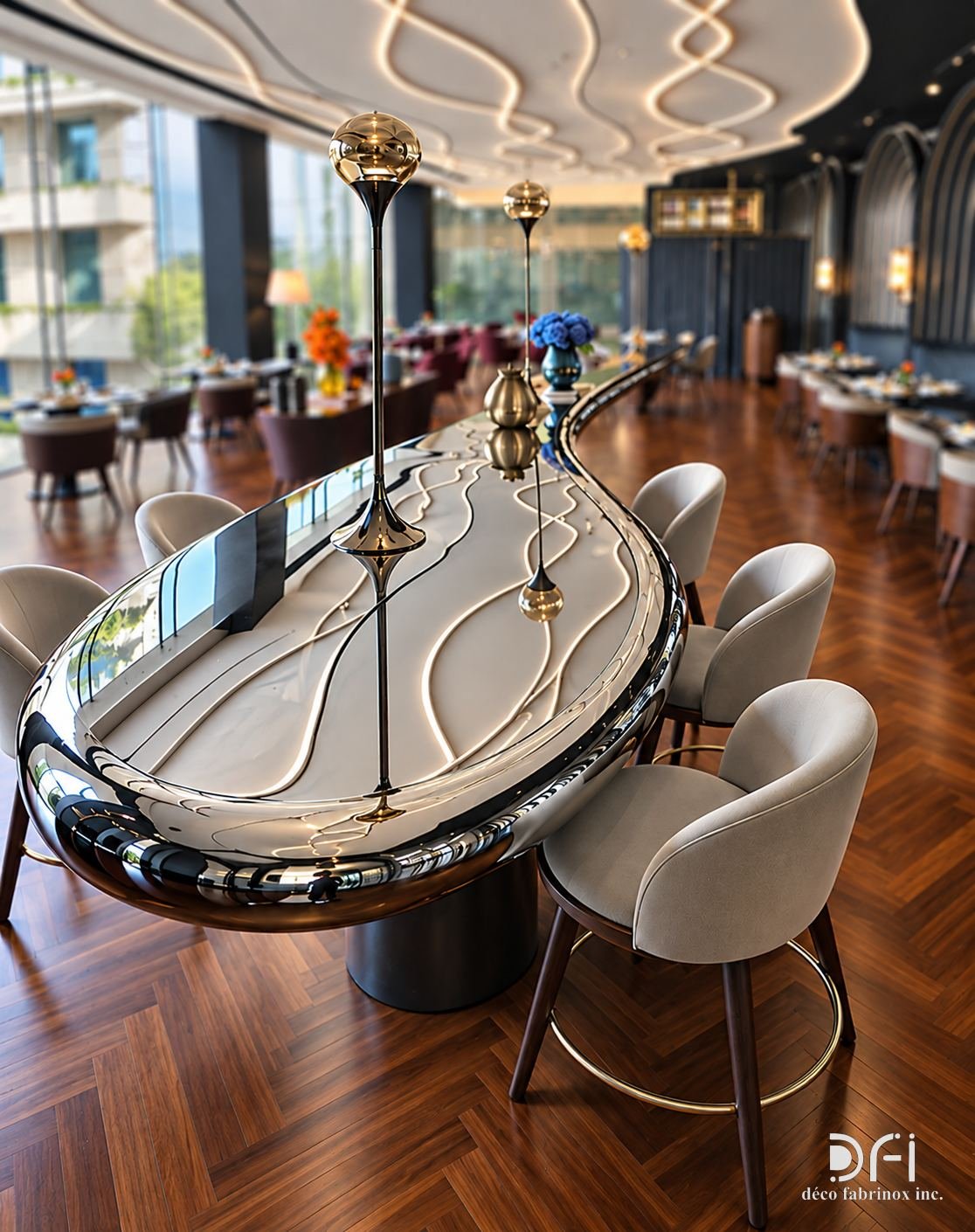 Long dining table with a polished metal base in a restaurant