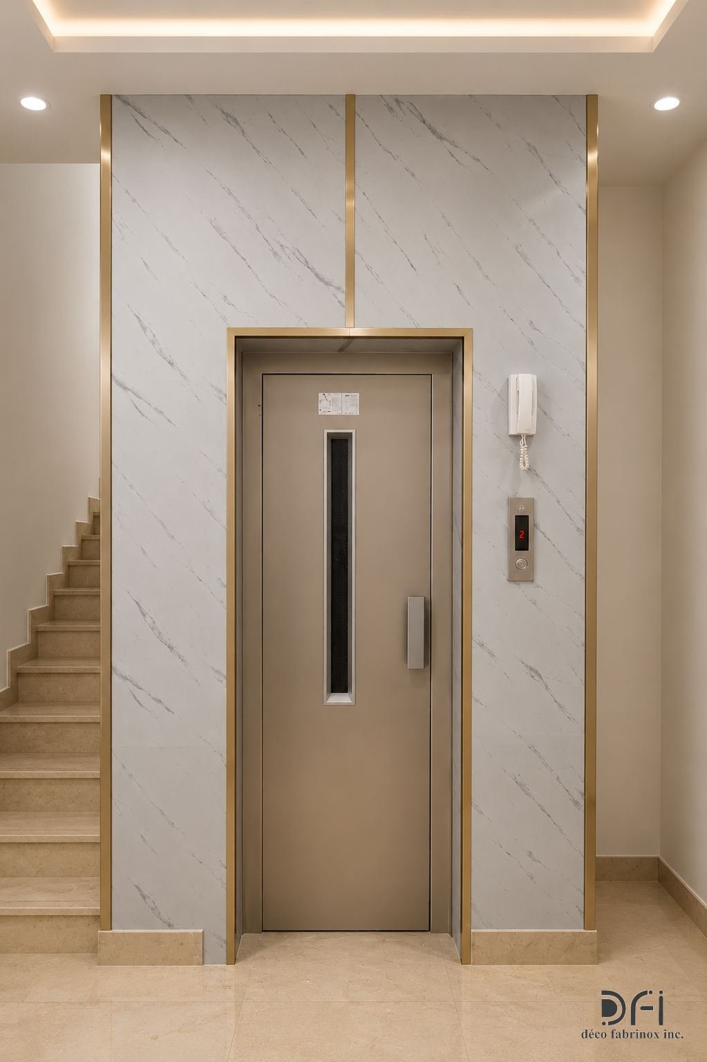 Lift entrance framed in warm-toned metal