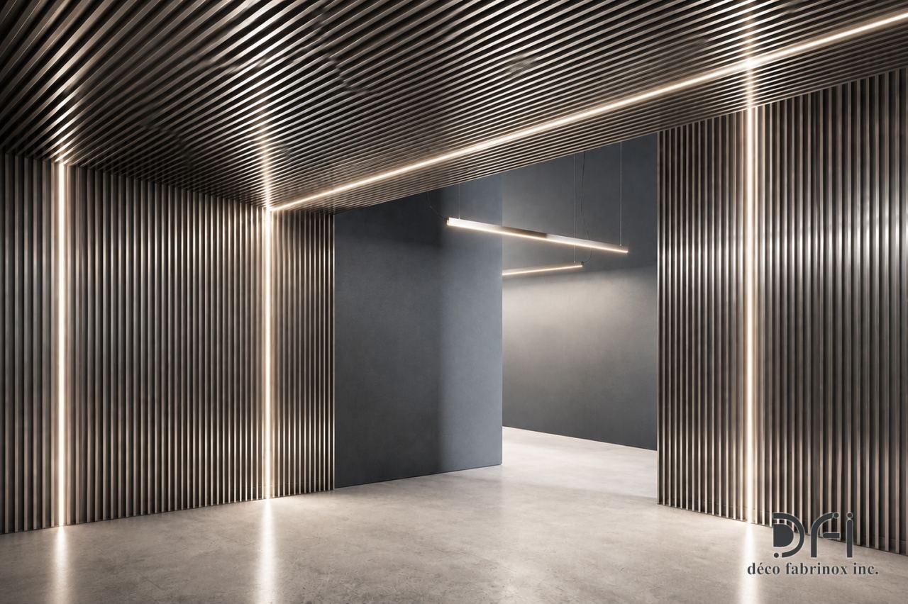 Corridor lined with fluted metal wall panels