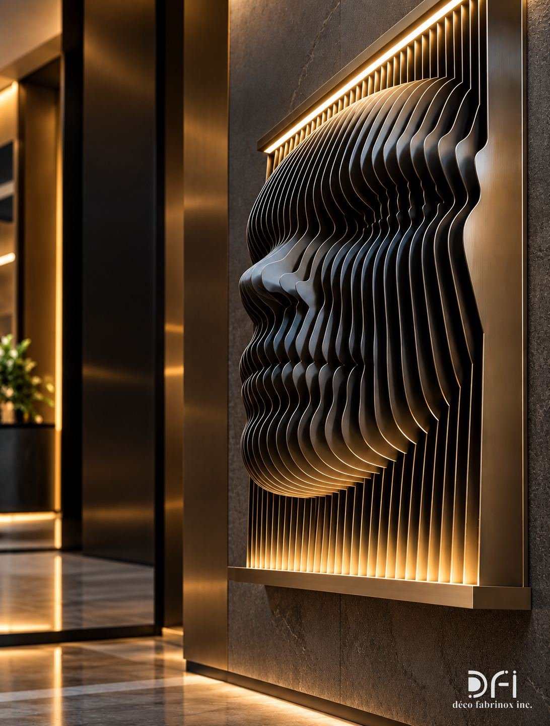 Wall sculpture of a face built from layered metal fins, lit from the side