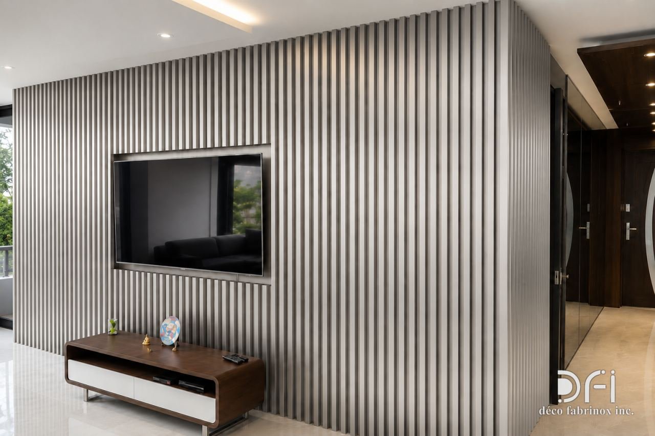 Fluted metal wall behind a wall-mounted television