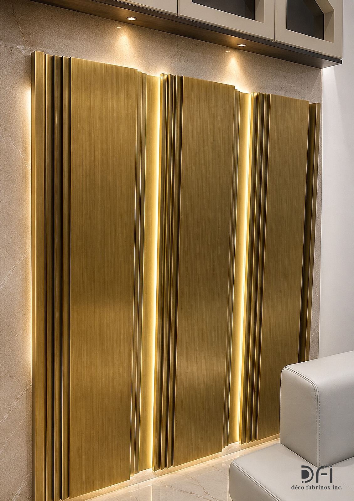 Fluted brass wall panels with concealed lighting