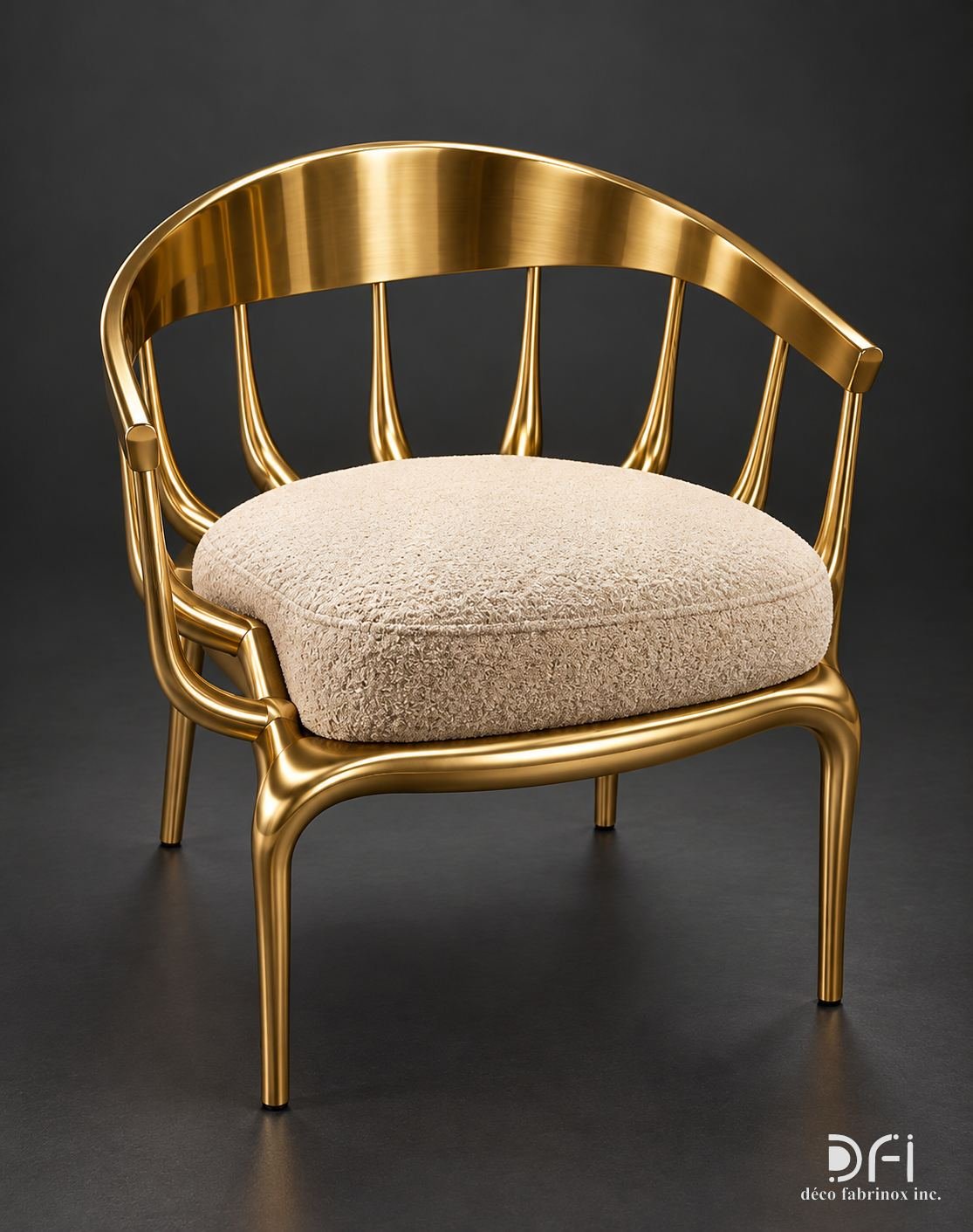 Gold-finish metal lounge chair with a curved slatted back and cream upholstery