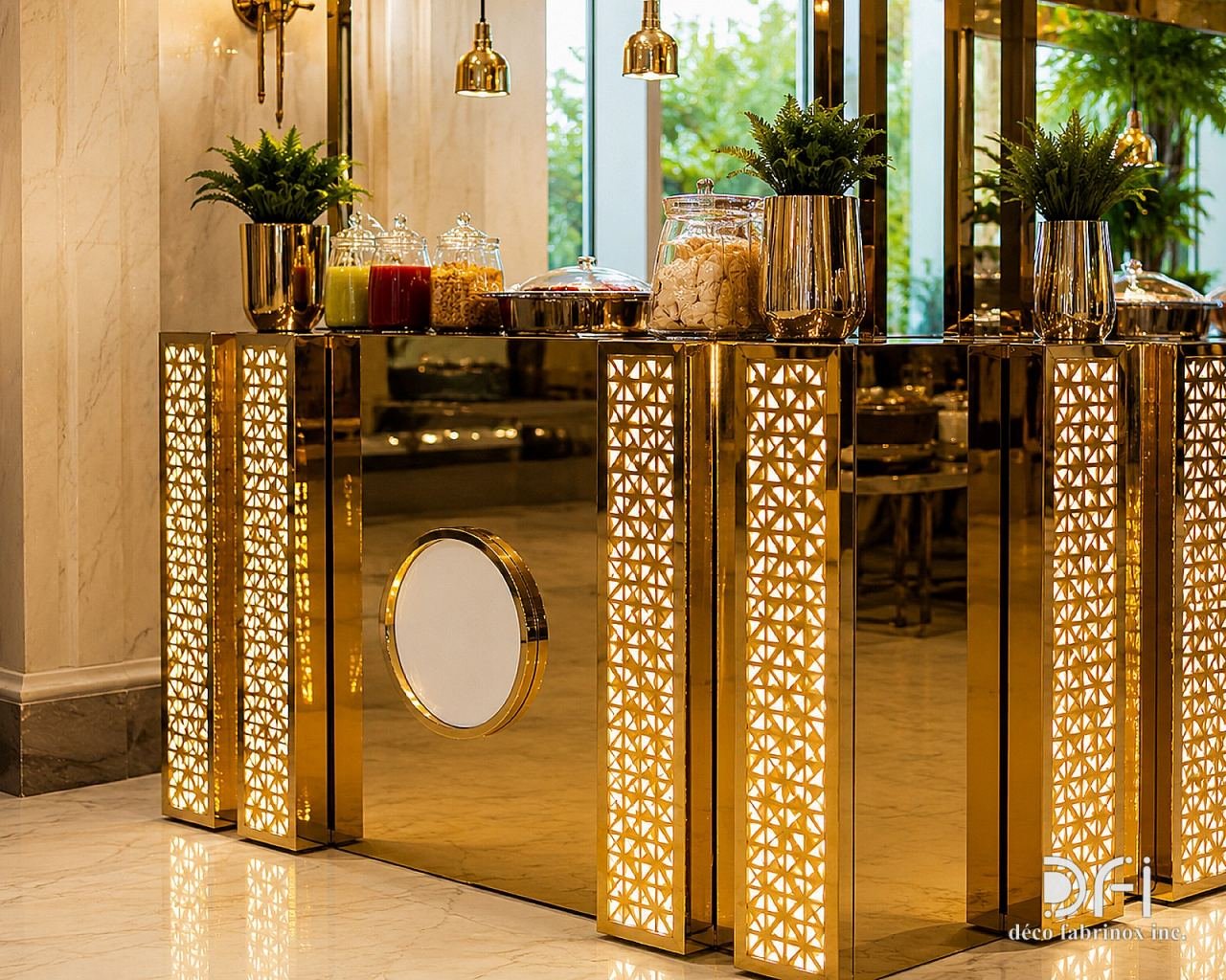 Gold mirror buffet counter with jaali pillars