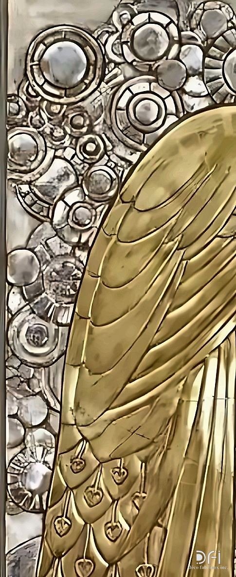 Detail of a hand-beaten brass peacock relief panel