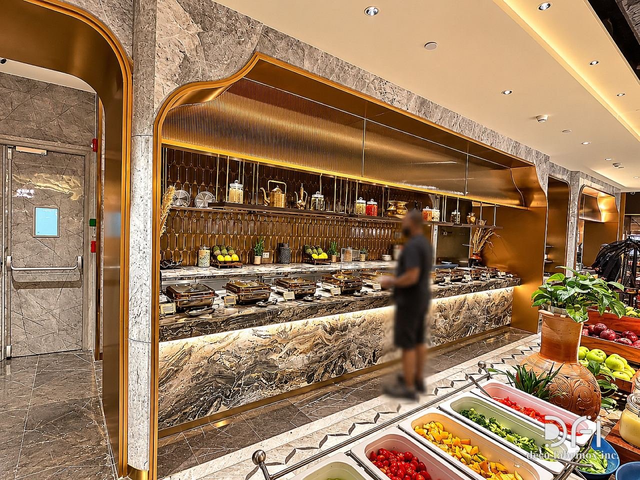 Airport lounge buffet framed by brass arches and marble counters