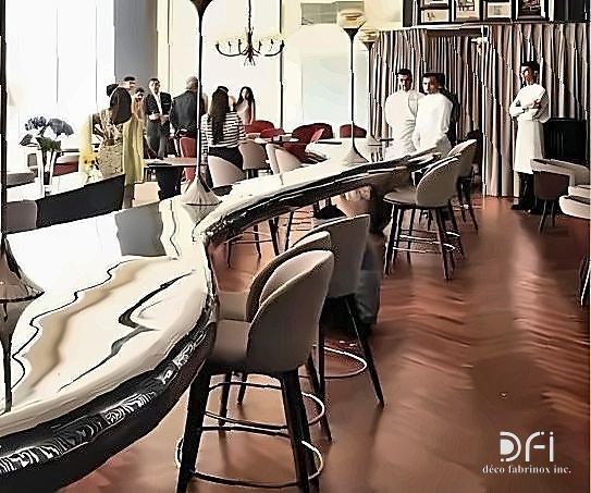 Long metal-edged bar counter with bar stools in a hotel restaurant