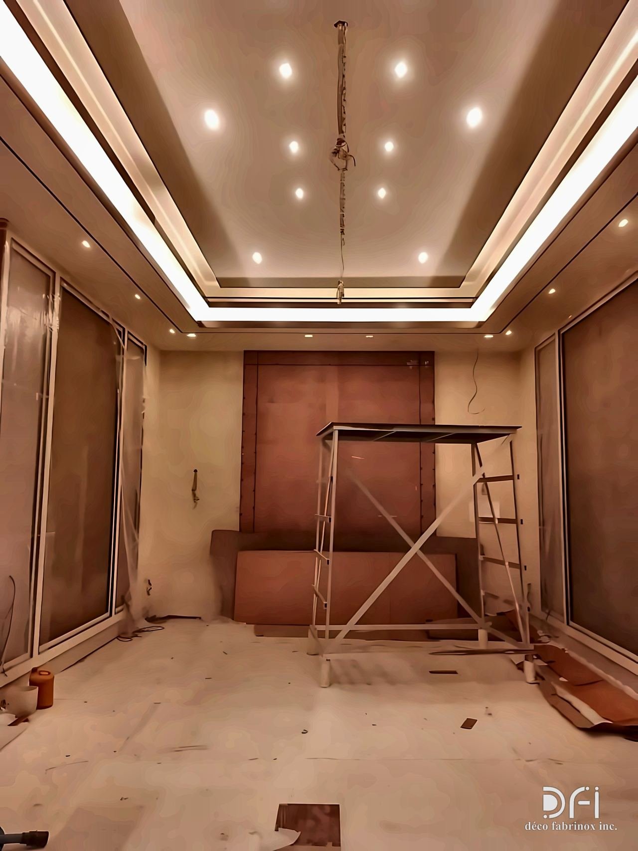 Bronze-trimmed tray ceiling in a room under fit-out