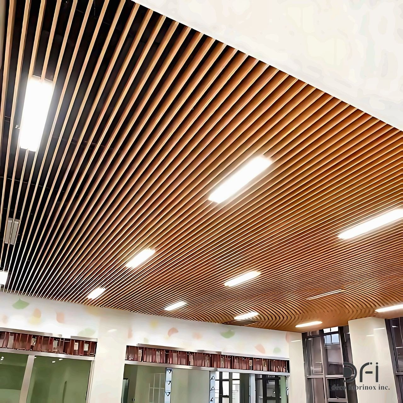 Bronze-finish metal baffle ceiling in a corridor