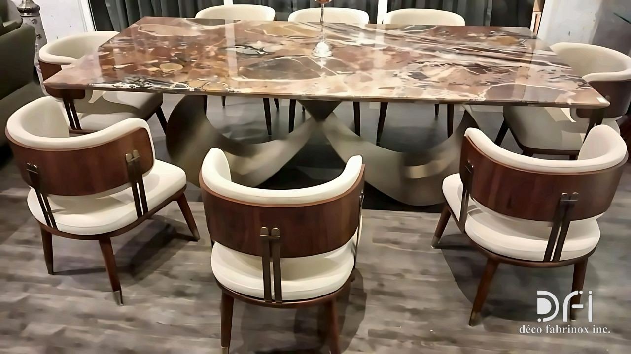 Dining chairs with metal frames around a marble table