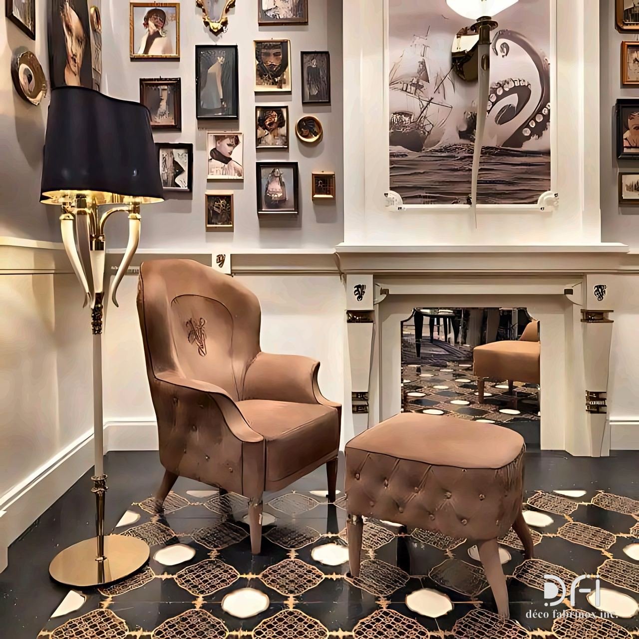 Brass floor lamp beside an armchair in a styled room