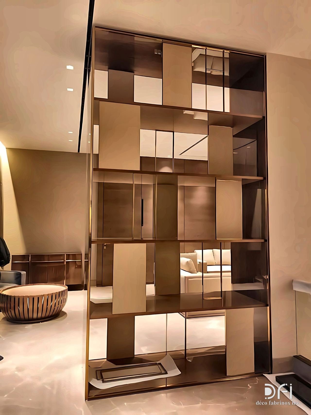 Bronze and smoked-glass shelving partition in a living room