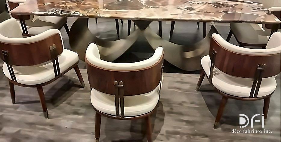 Metal-framed upholstered dining chairs in a restaurant