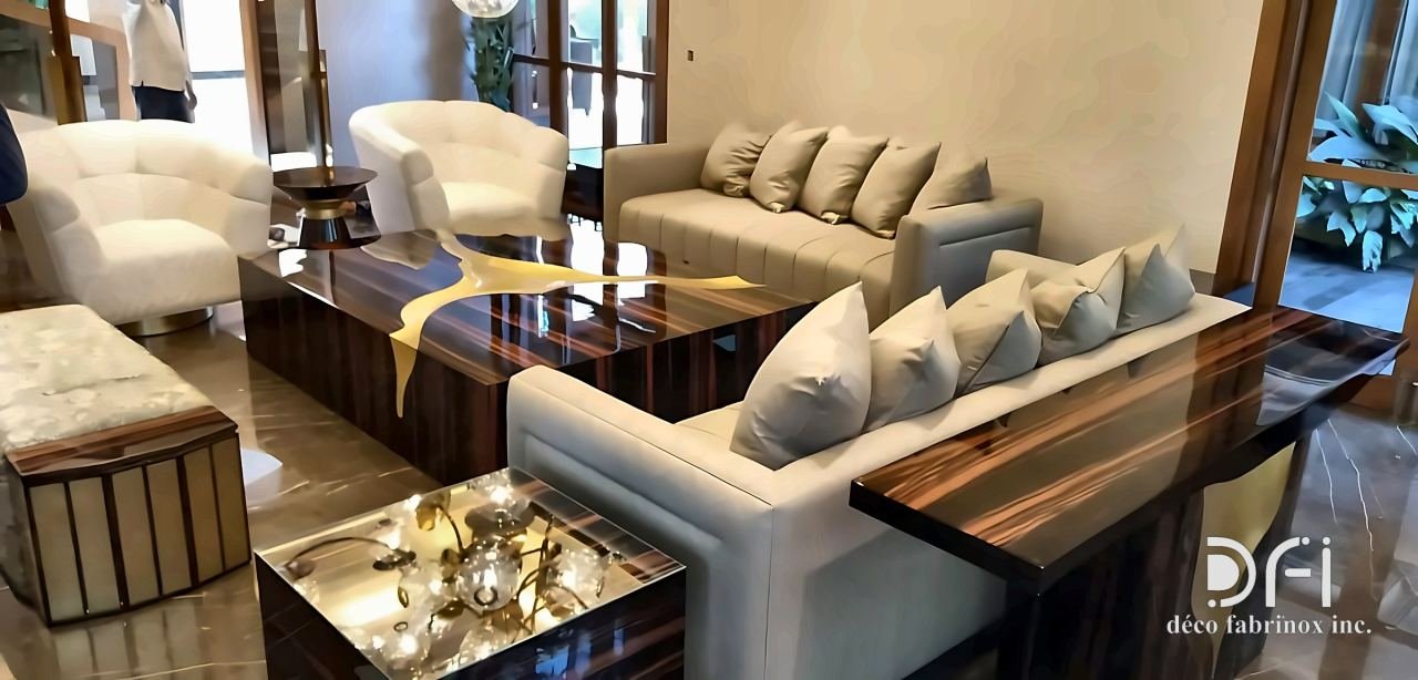 Living room with a brass-inlaid coffee table and console