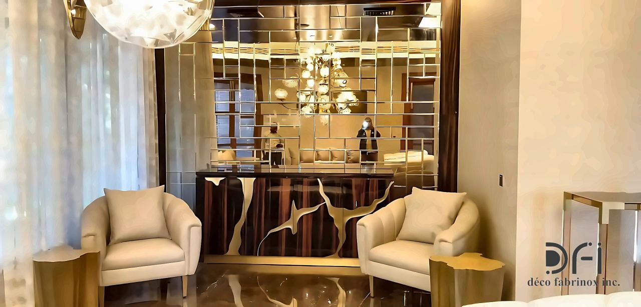 Lounge with a mirrored bar unit and brass accents