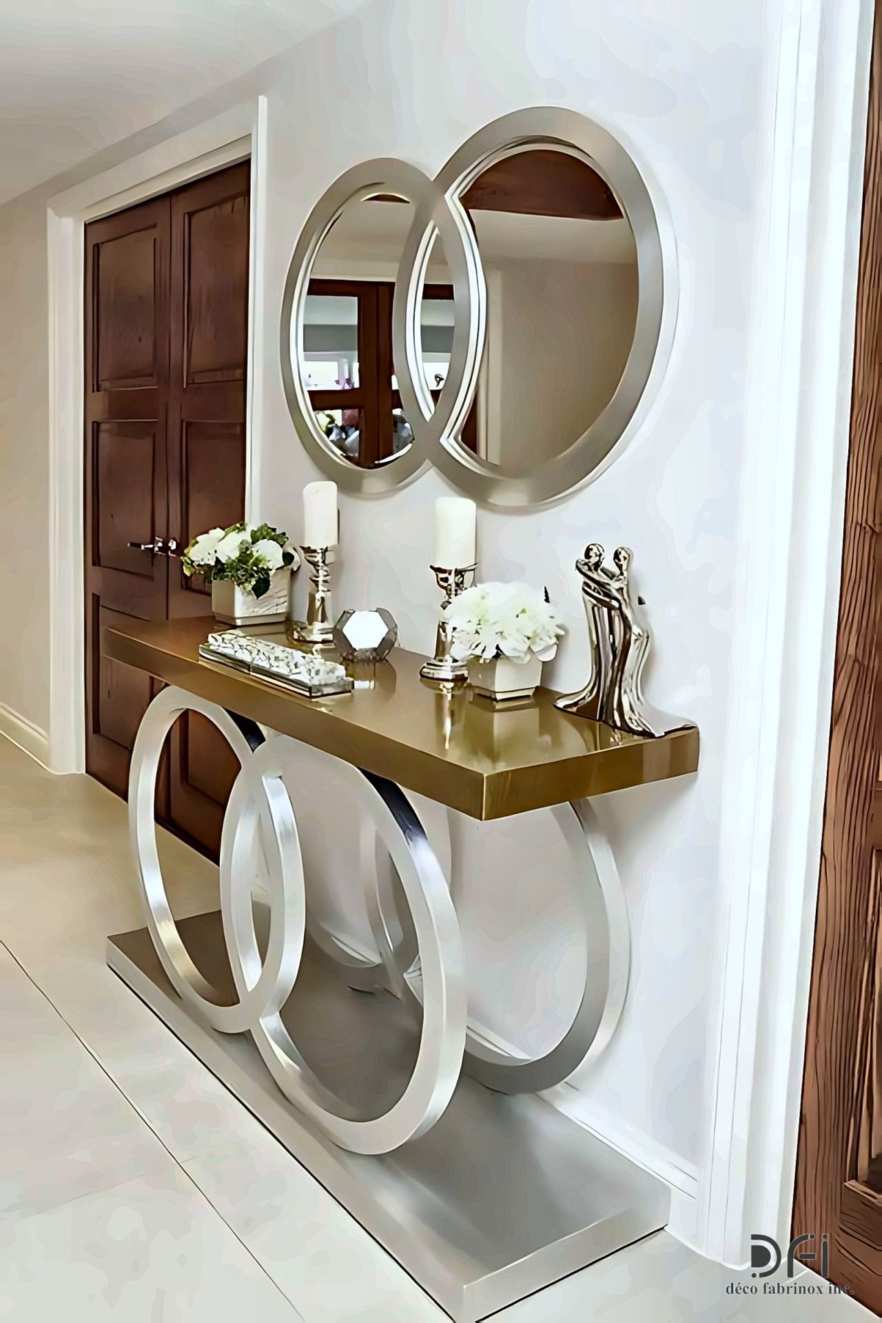 Brass console with interlocking ring legs and round mirrors
