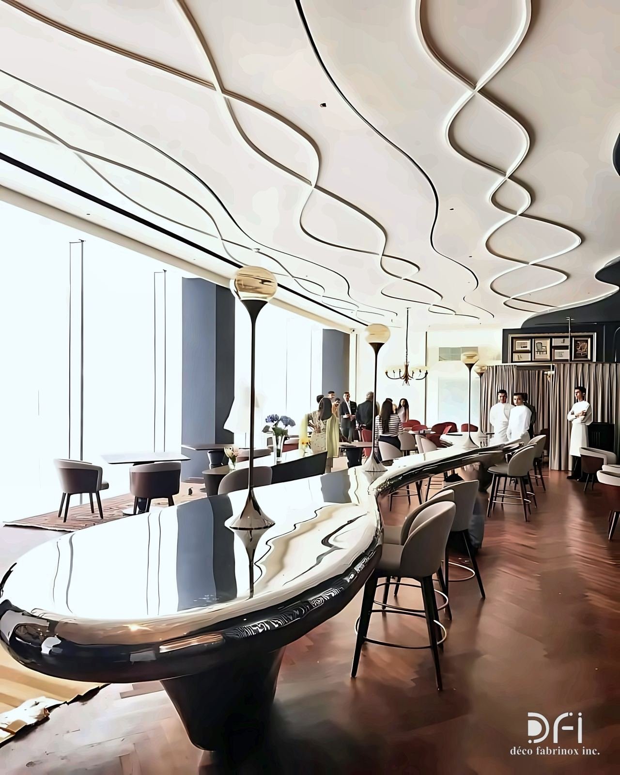 Sculpted metal ceiling ribbons over a curving restaurant counter