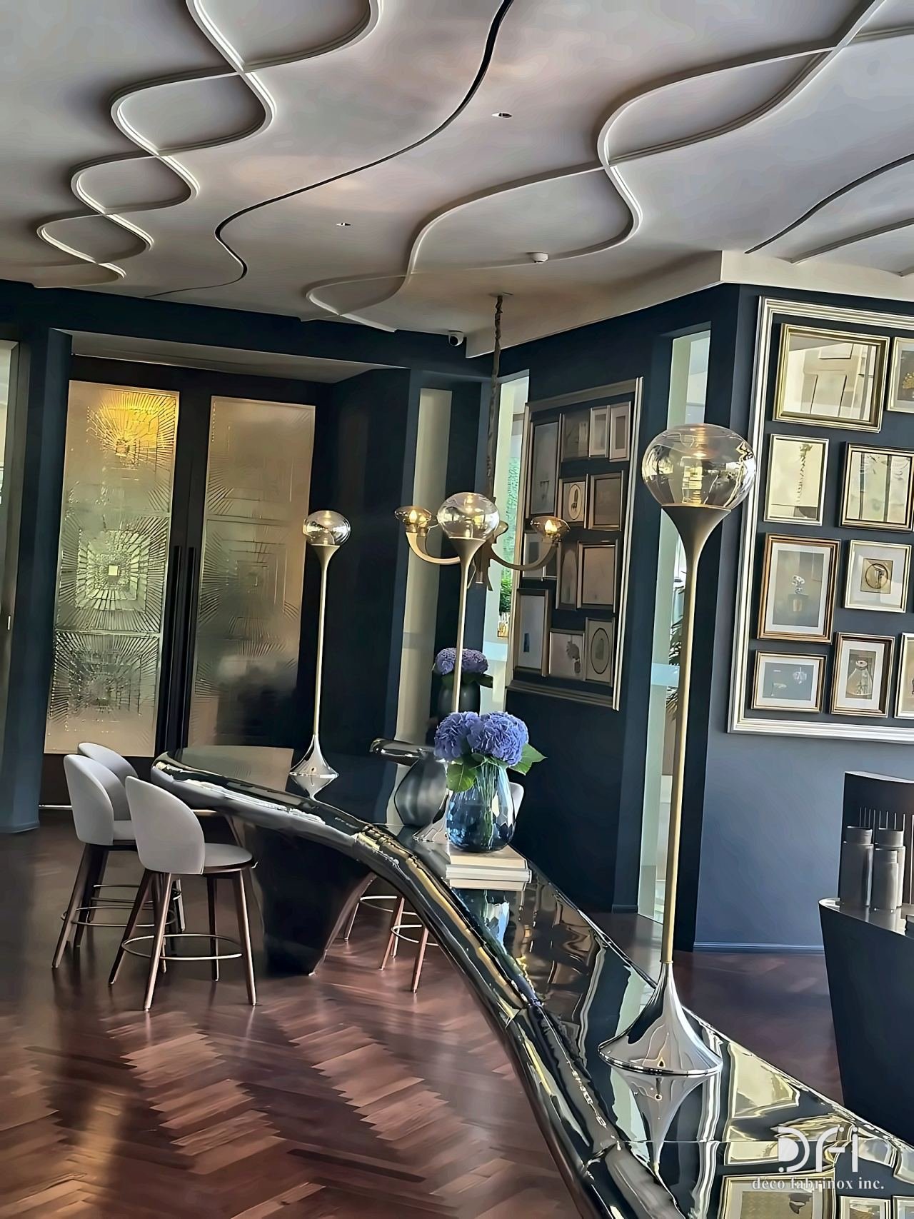 Metal ceiling ribbons and brass bar details in a lounge
