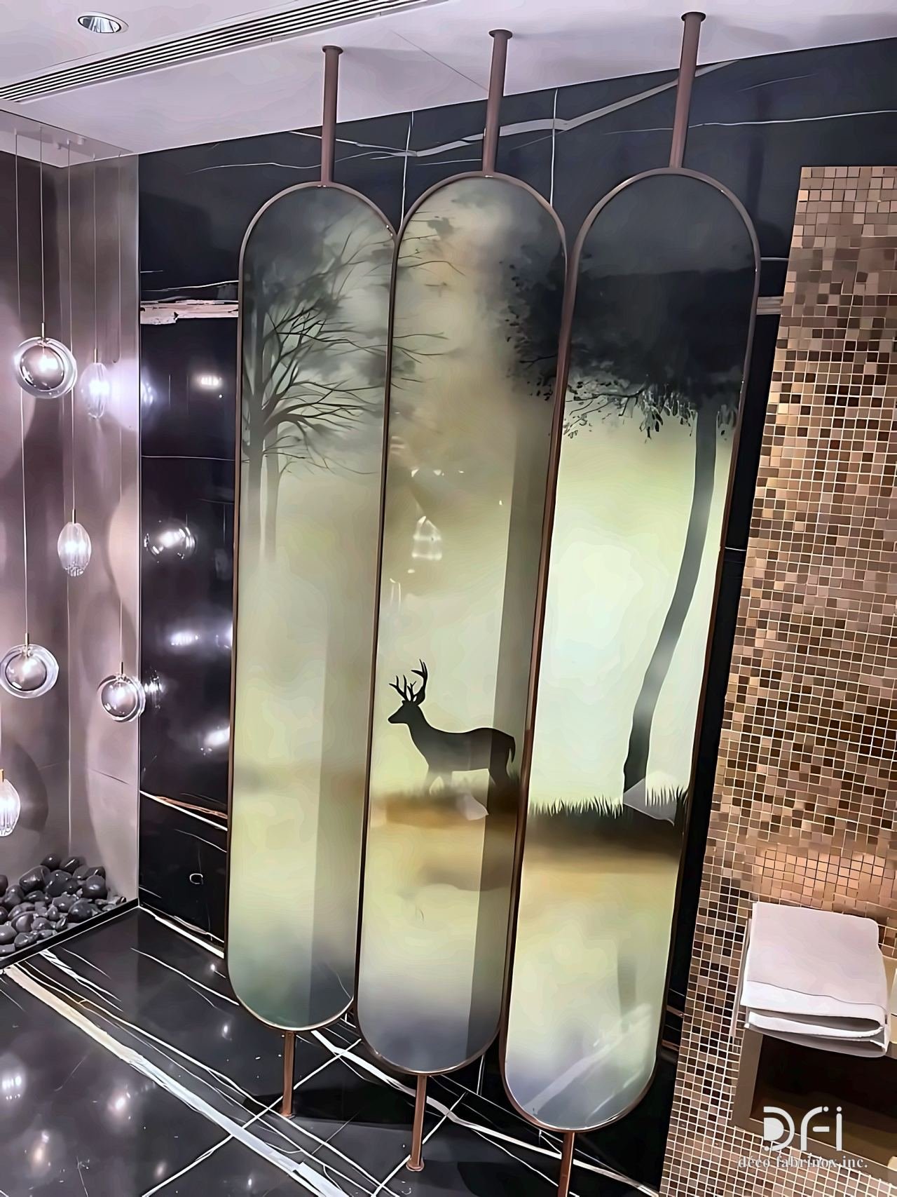 Etched forest scene on three arched metal screen panels