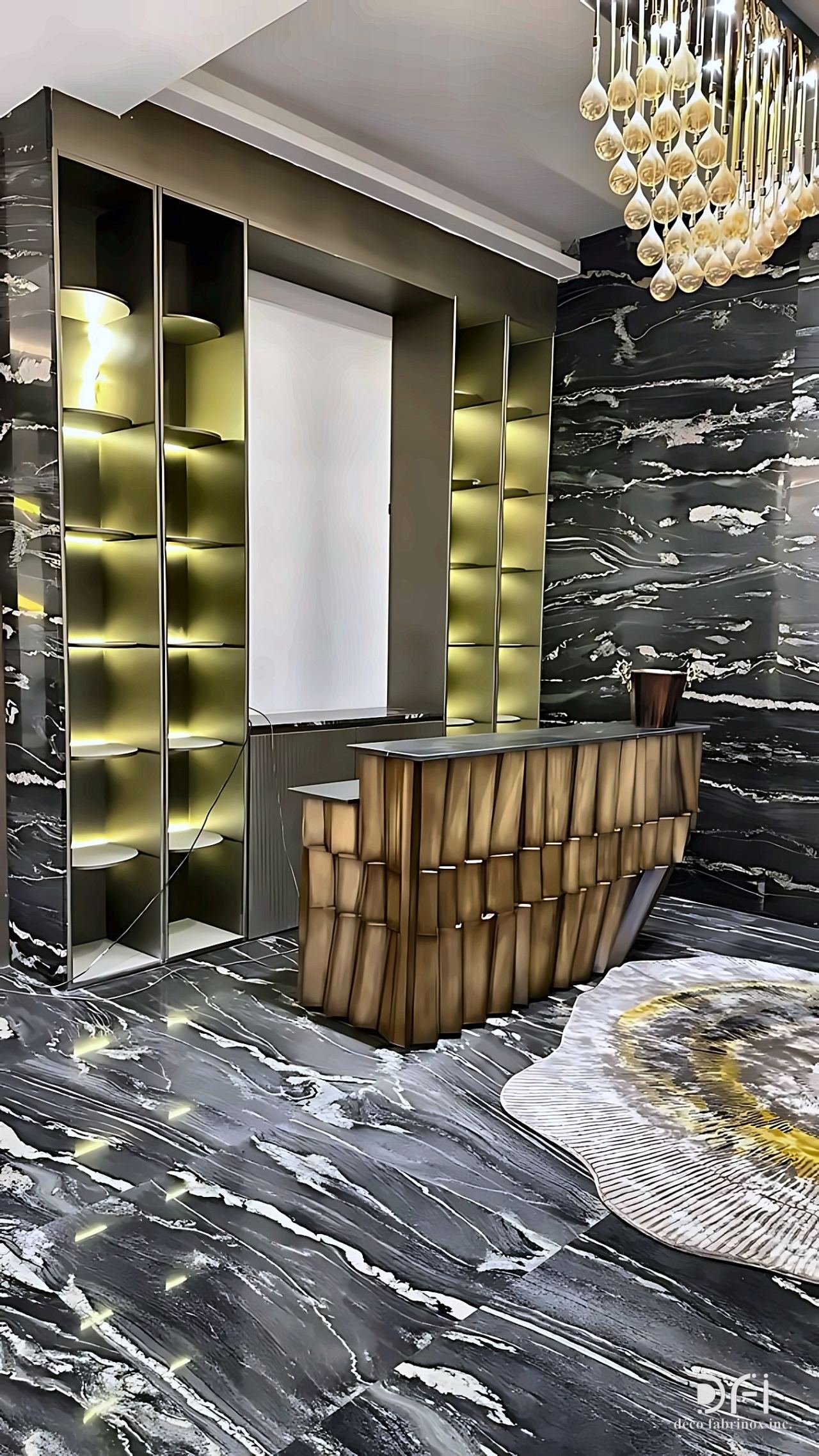 Backlit brass shelving and a faceted bar counter on dark marble