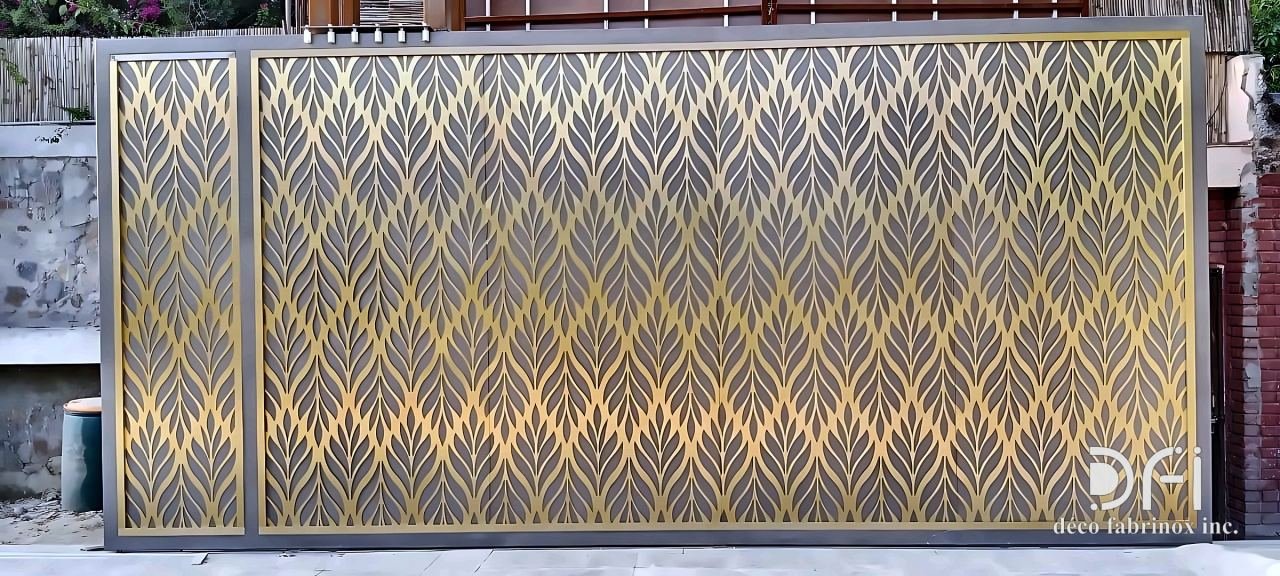 Laser-cut metal gate with a brass leaf pattern