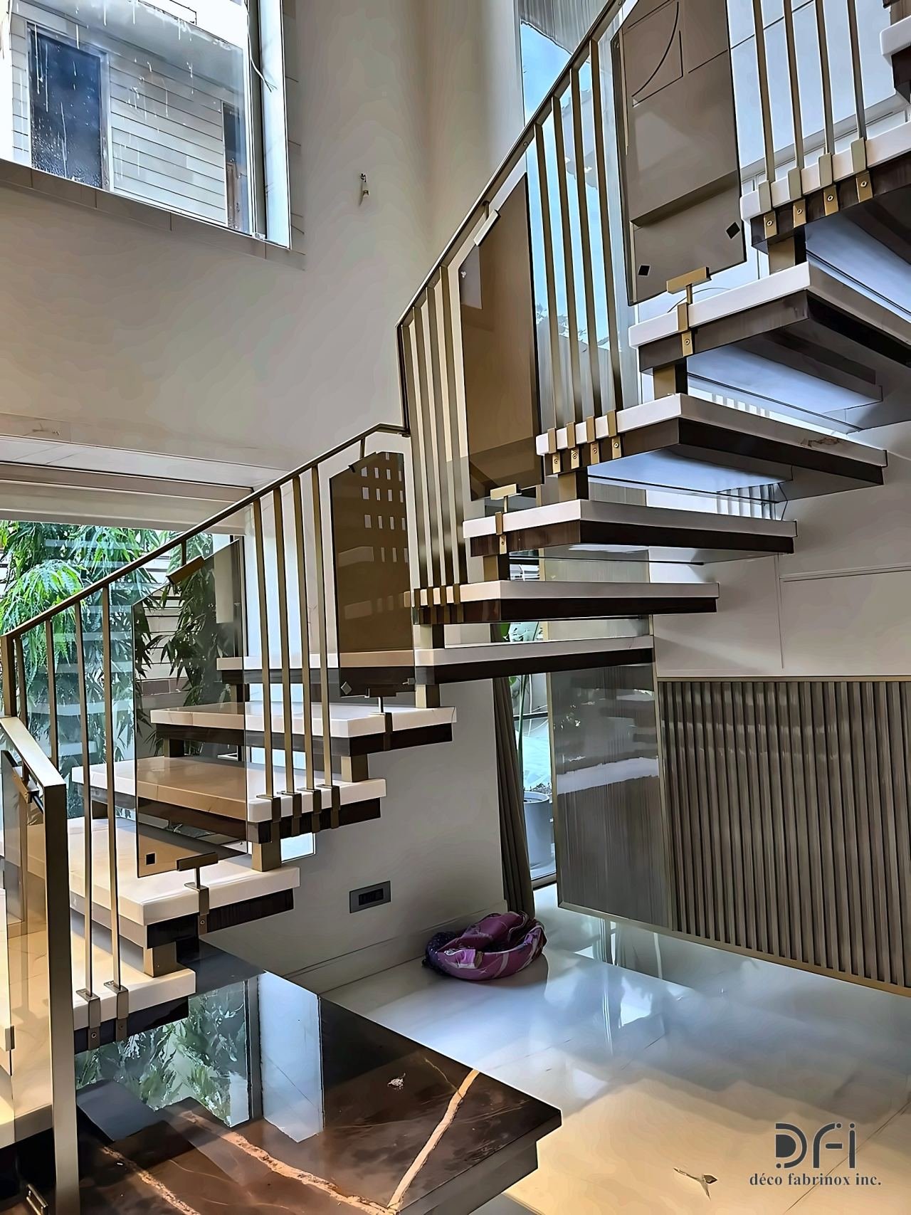 Floating staircase with brass balusters and timber treads
