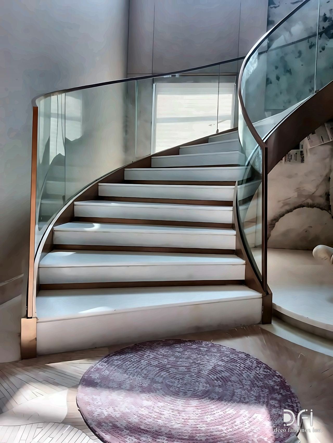 Curved glass balustrade with a bronze handrail on a spiral stair