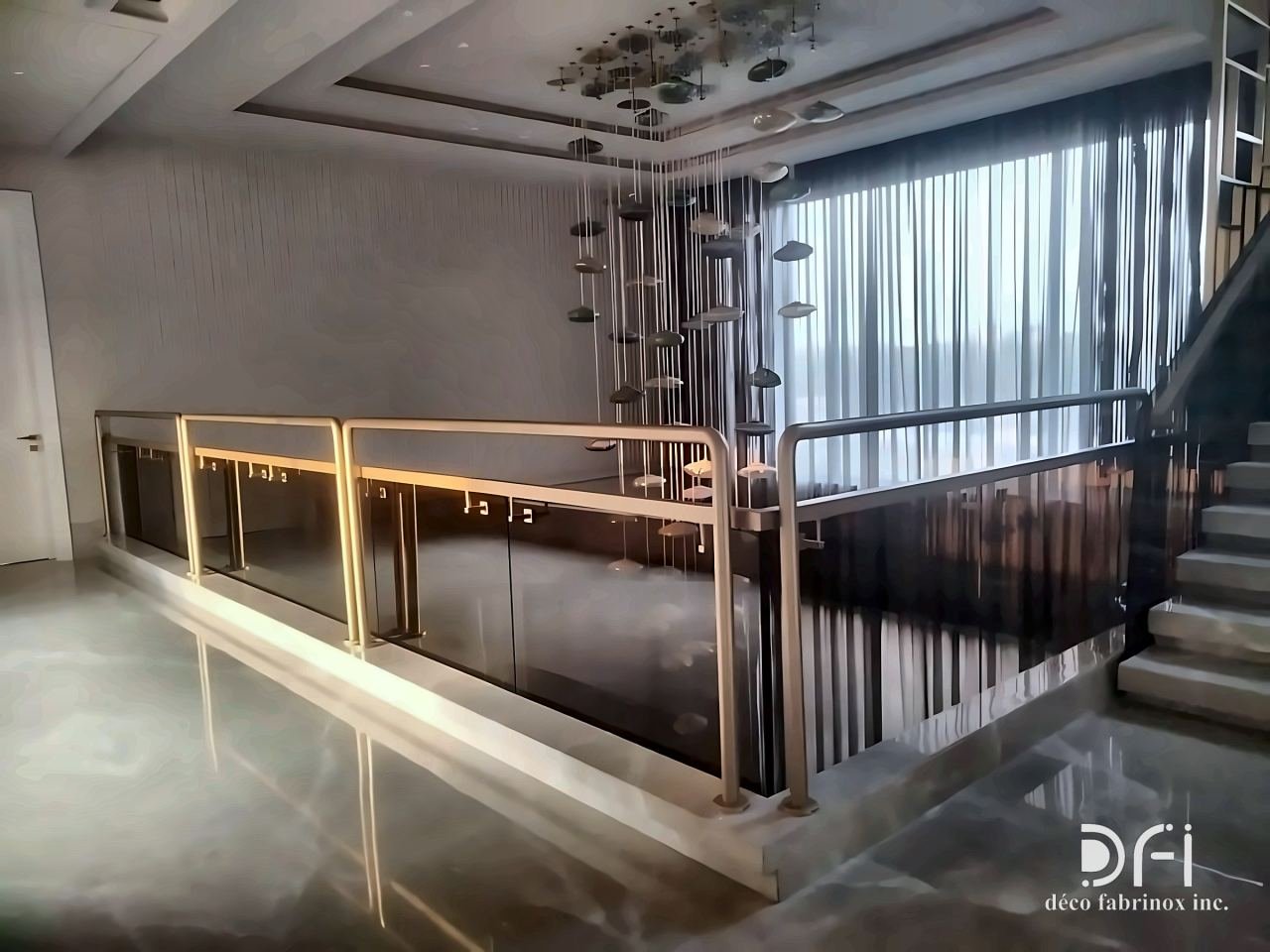 Brass-framed glass balustrade around a double-height void