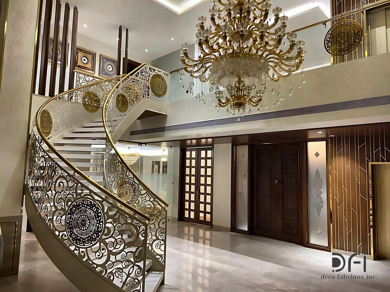 Laser-cut brass balustrade on a curved staircase under a crystal chandelier