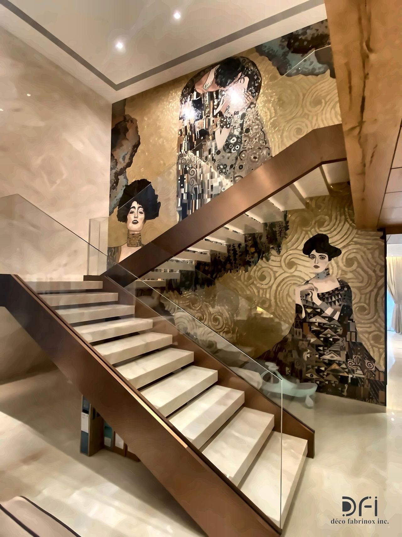 Bronze-clad stair stringer beside a painted mural