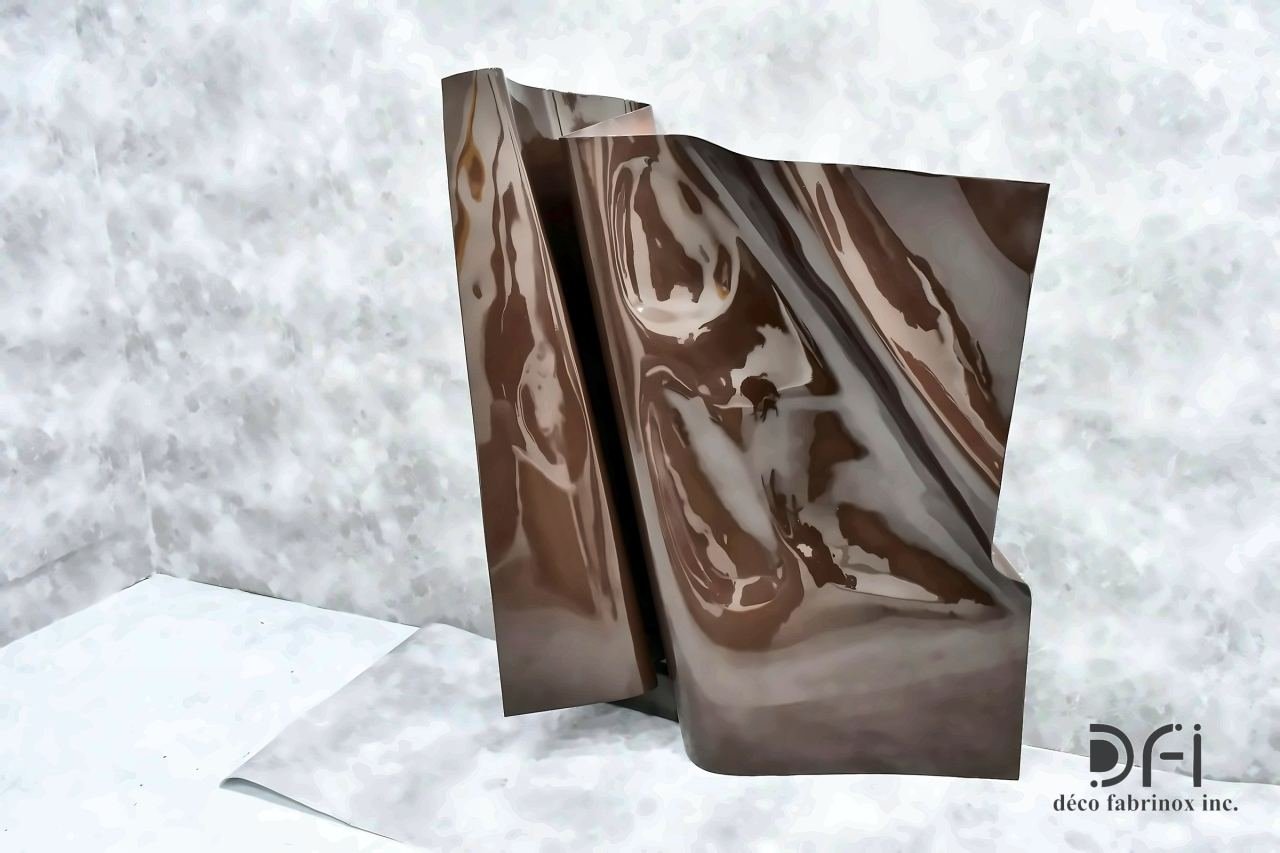 Folded copper sheet sculpture standing upright