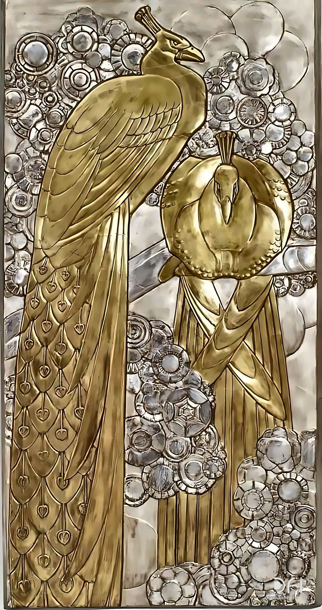 Brass and silver relief panel with peacocks and floral discs