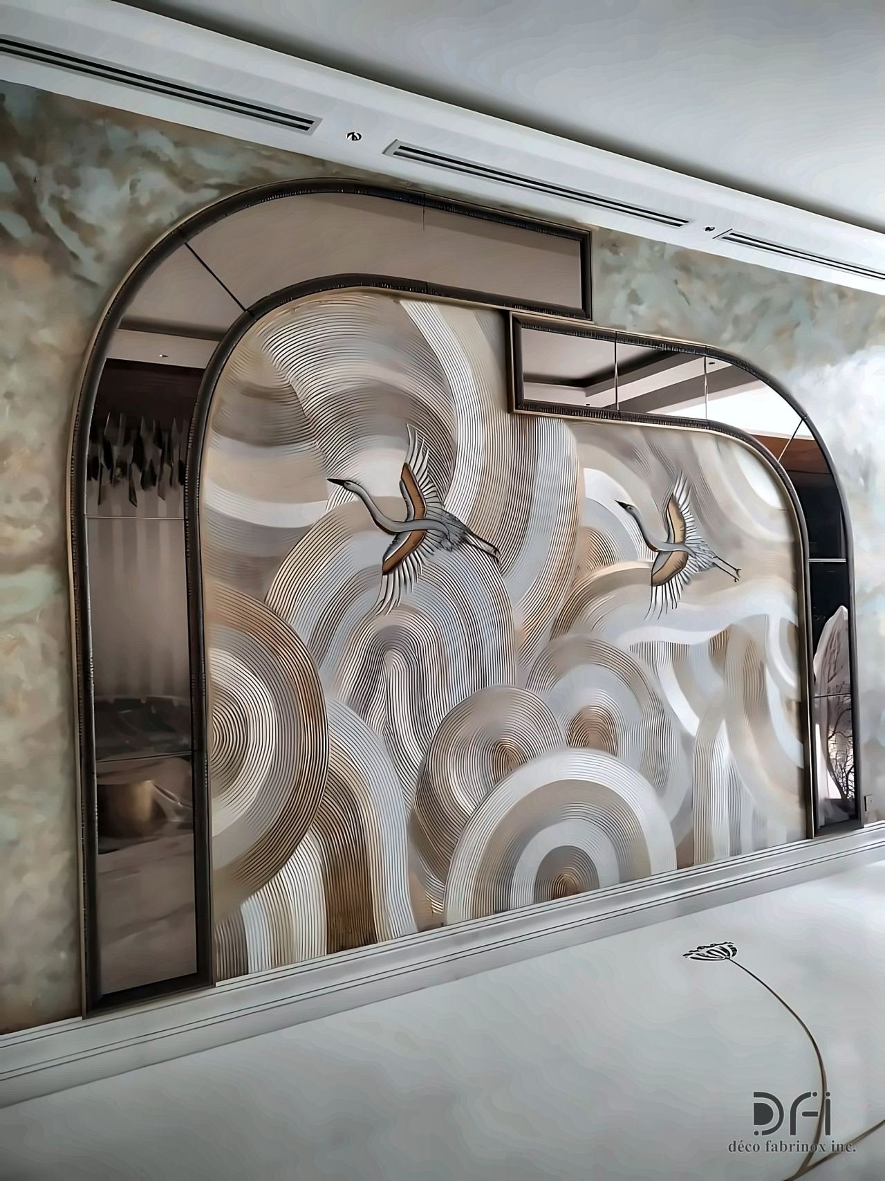 Arched metal-framed wall art with birds in flight