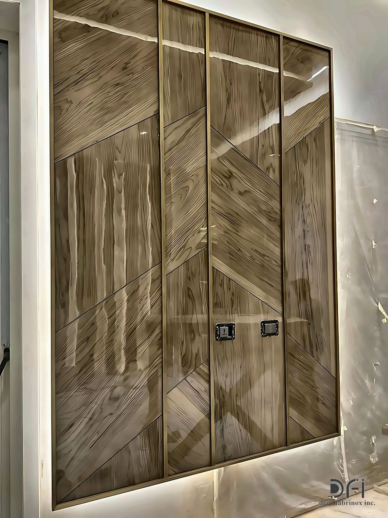 Bronze panels with a chevron wood-grain pattern