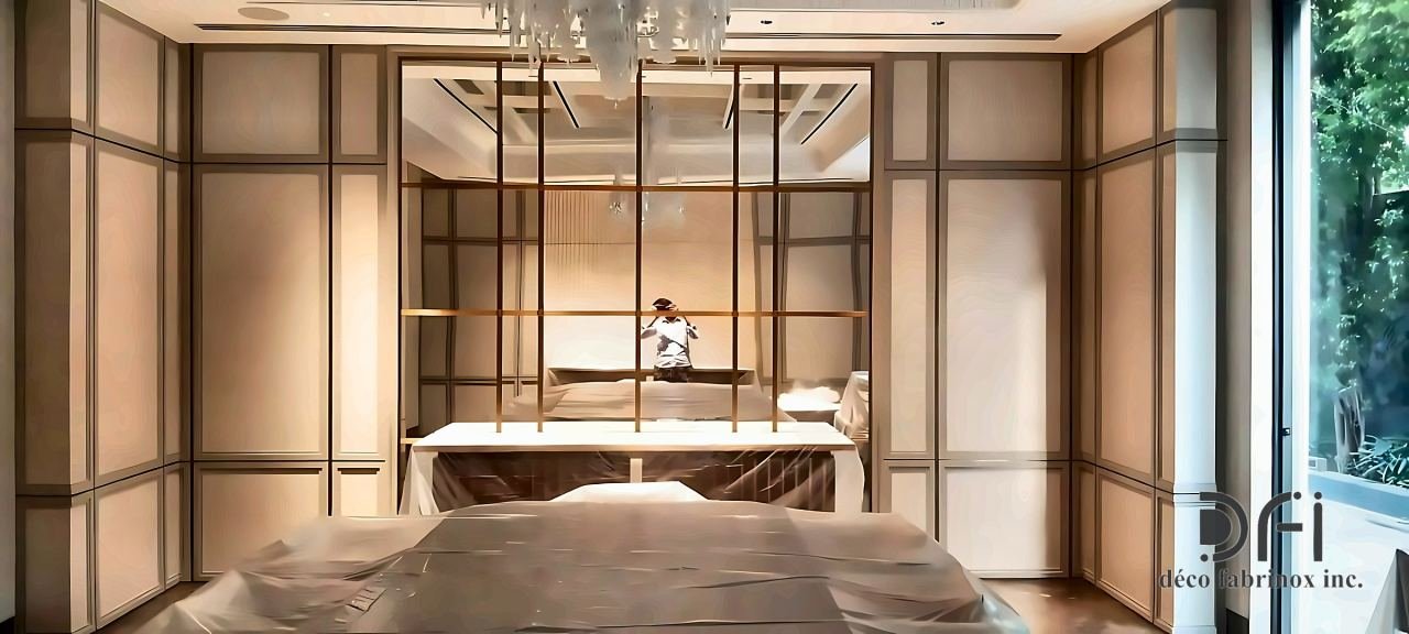 Bedroom wall with bronze-framed panels and a brass grid