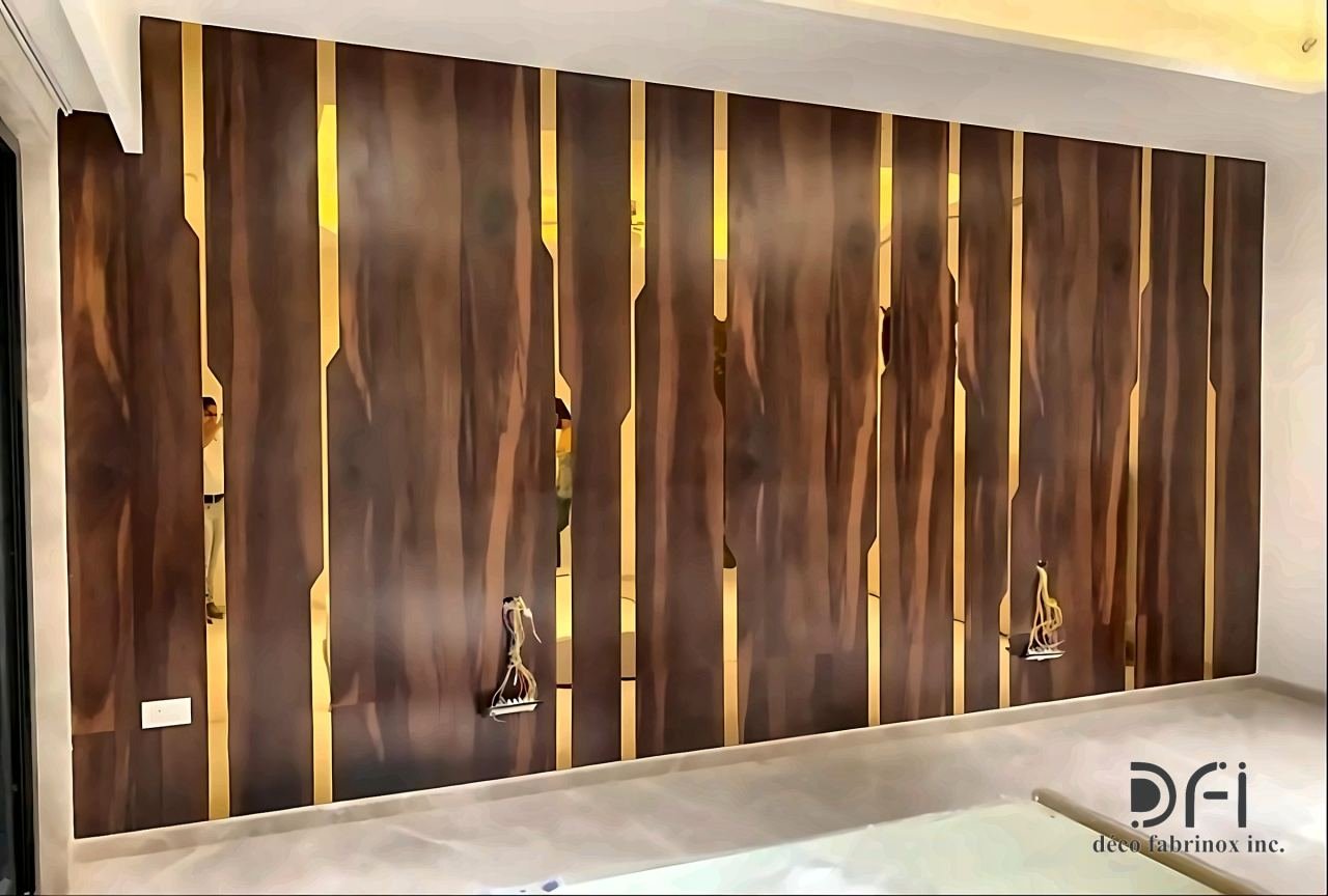 Wood-finish wall panels with polished brass inlay strips