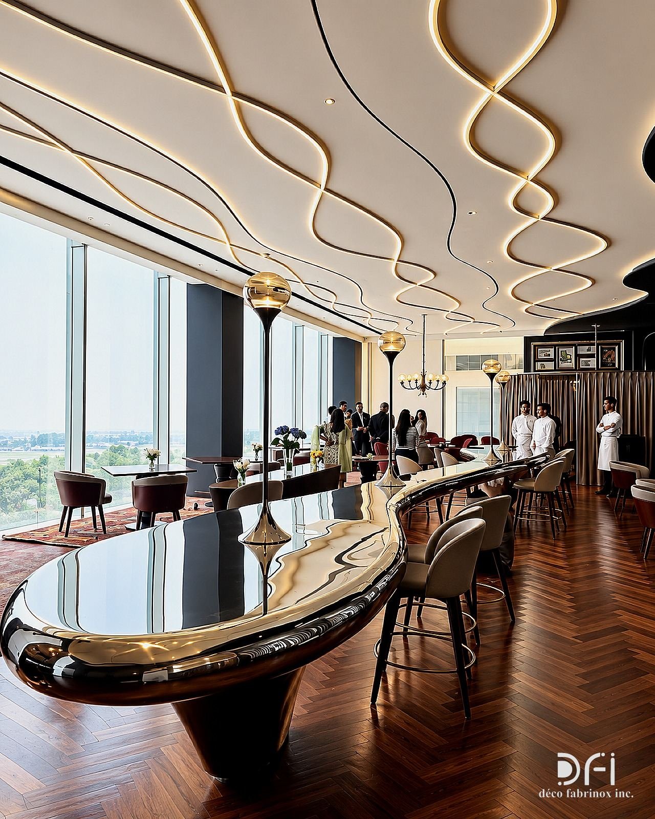 Mirror-steel counter beneath a wave ceiling with brass inlays