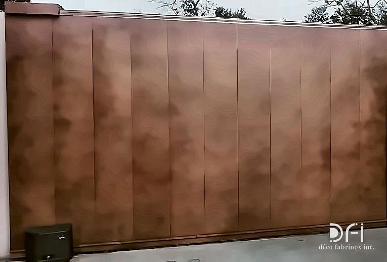 Patinated copper cladding on a boundary wall