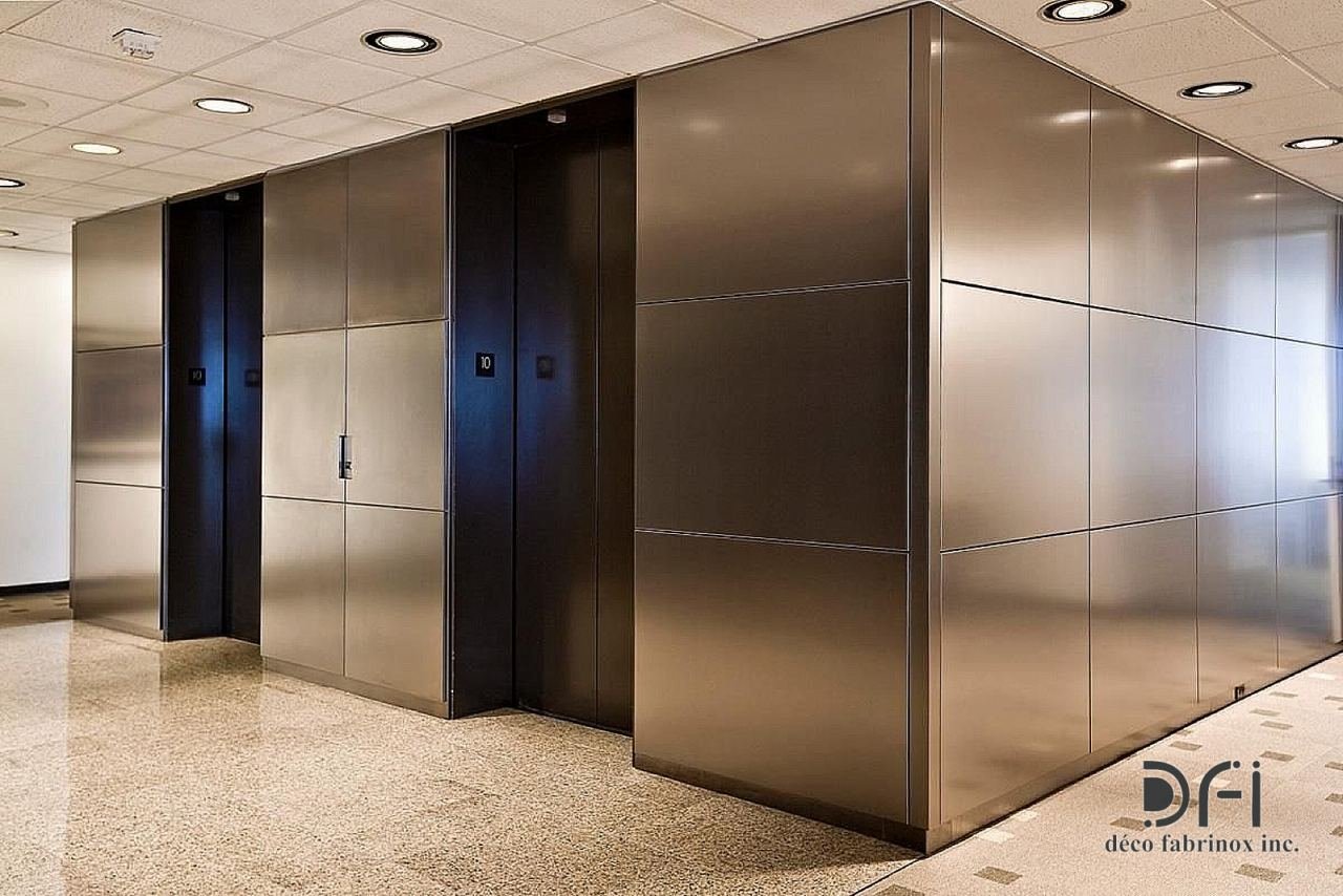 Brushed stainless-steel lift lobby cladding