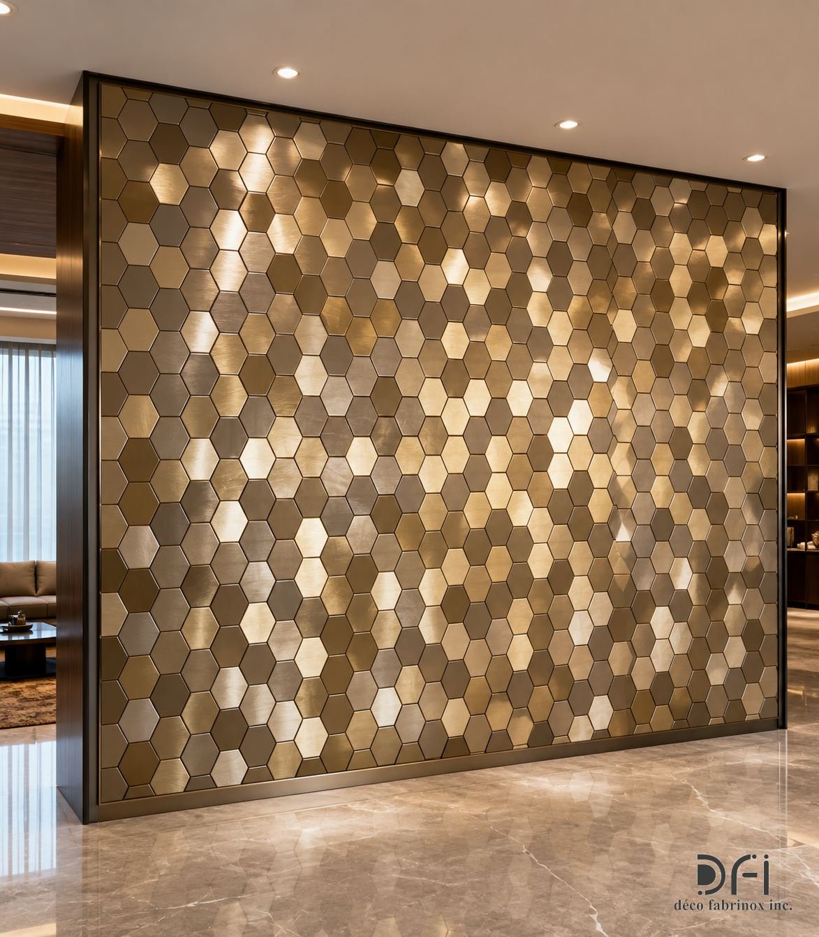 Wall of hexagonal metal tiles in mixed bronze tones