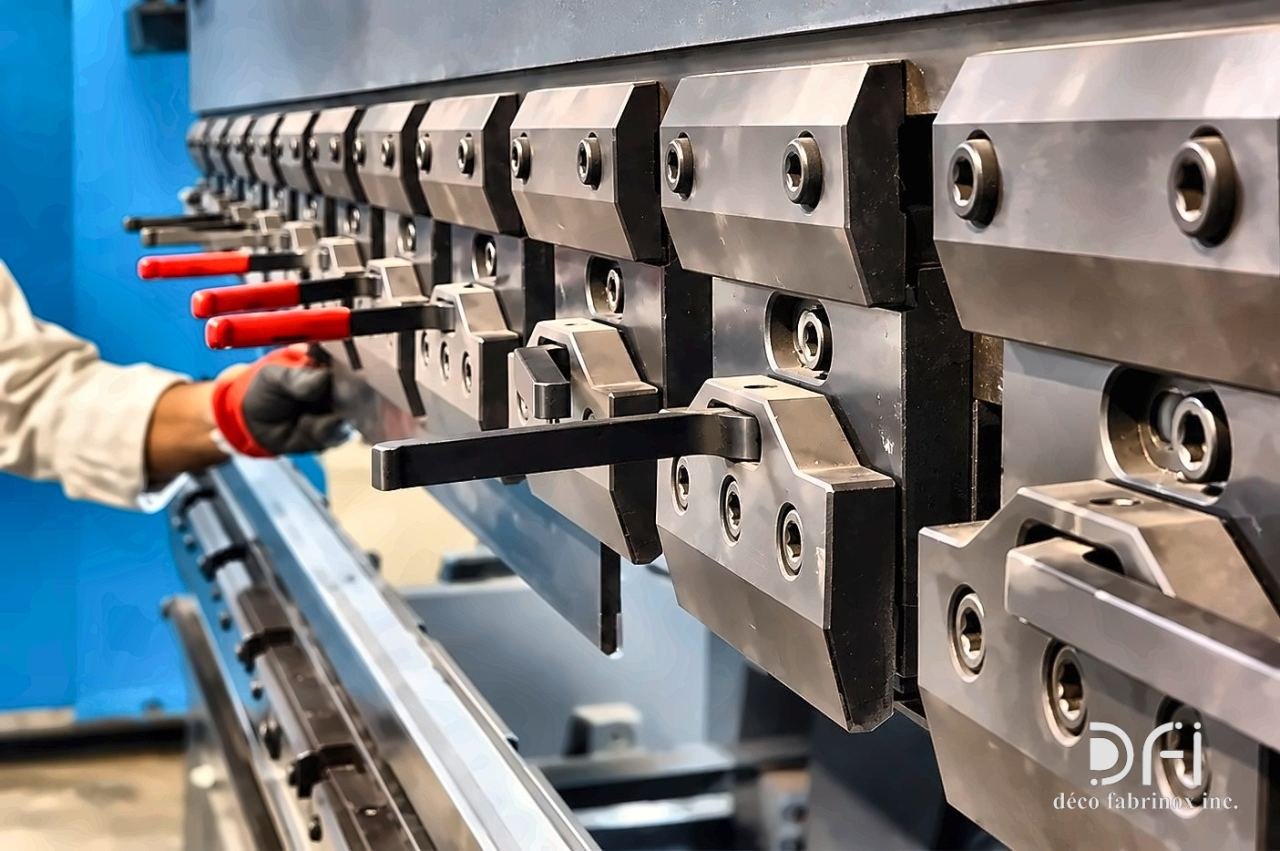 Operator locking the punch tooling into the CNC press brake