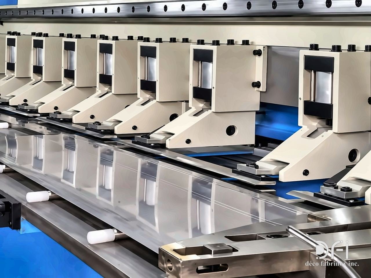 CNC V-grooving machine clamps along a stainless steel sheet