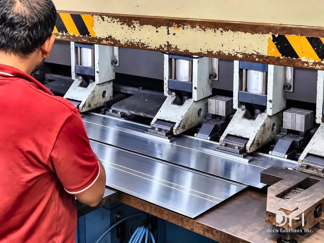 Operator setting a stainless steel sheet on the V-grooving machine