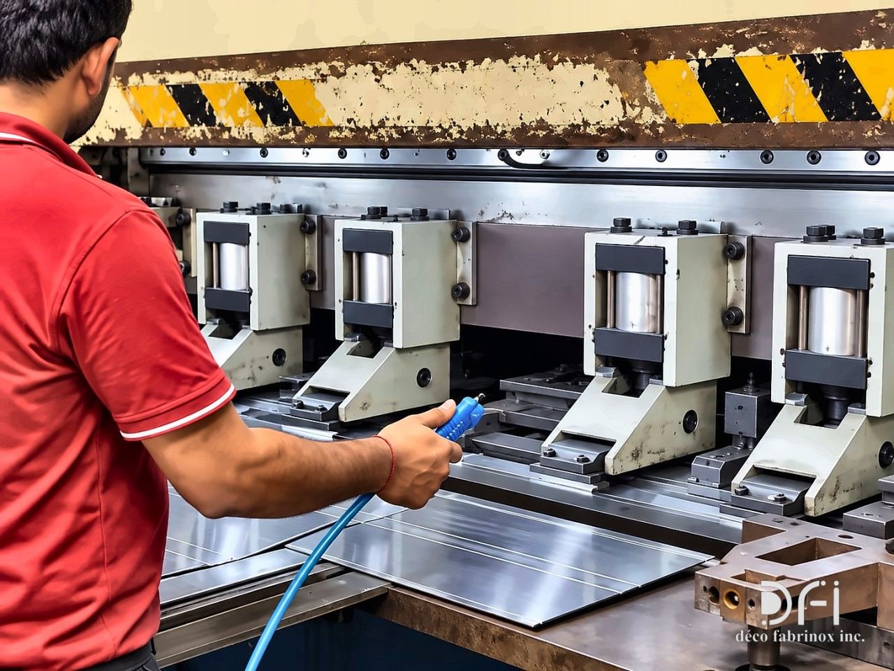 Operator cleaning the sheet on the CNC V-grooving machine